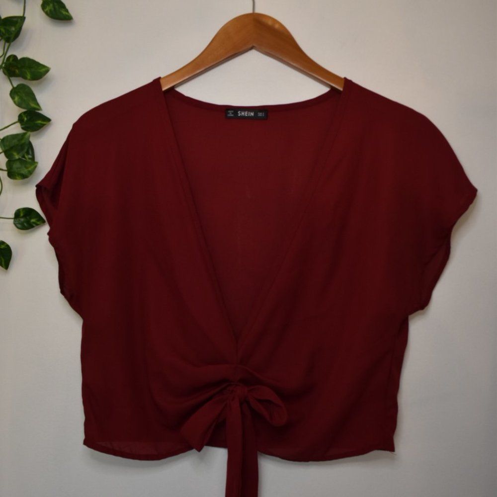 SHEIN Maroon Sheer V-Neck Top